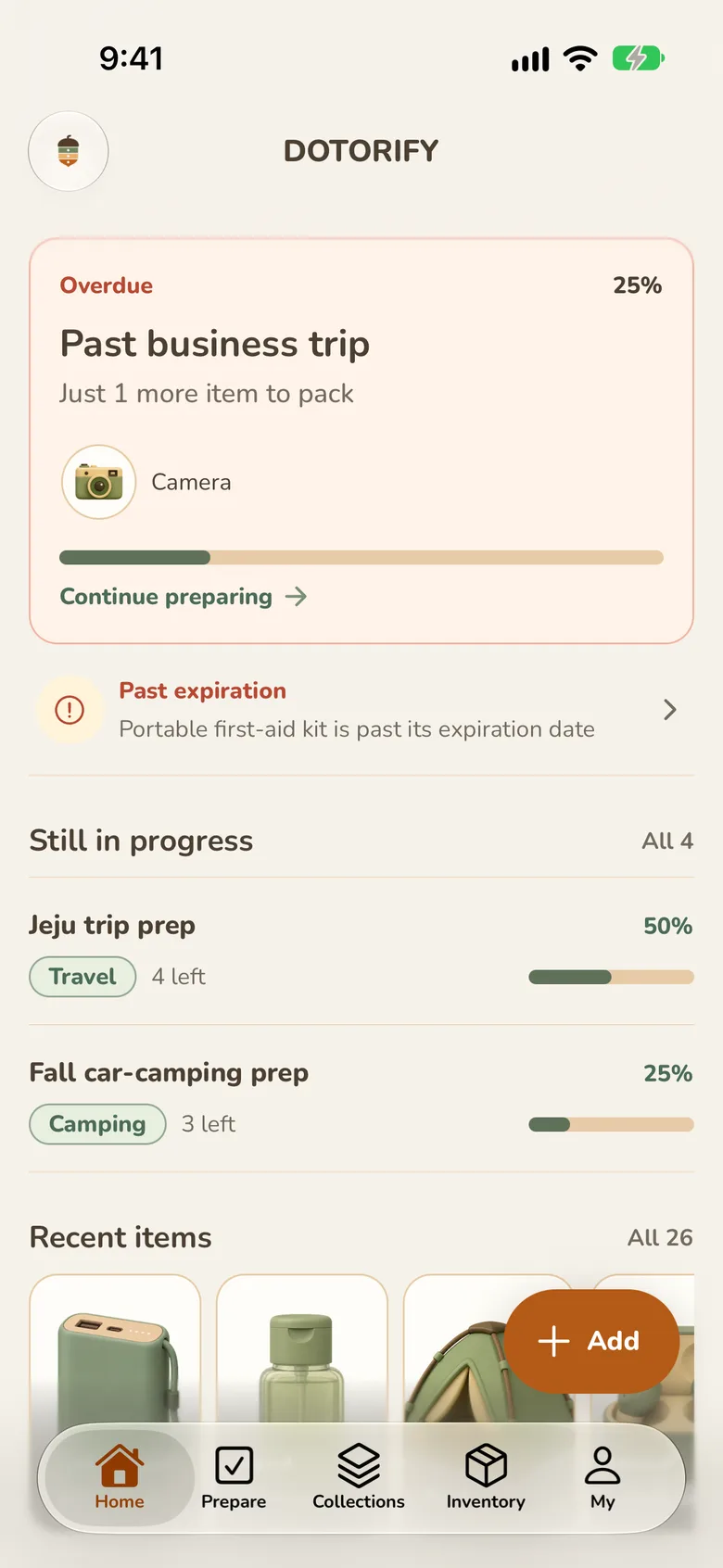 The app home screen