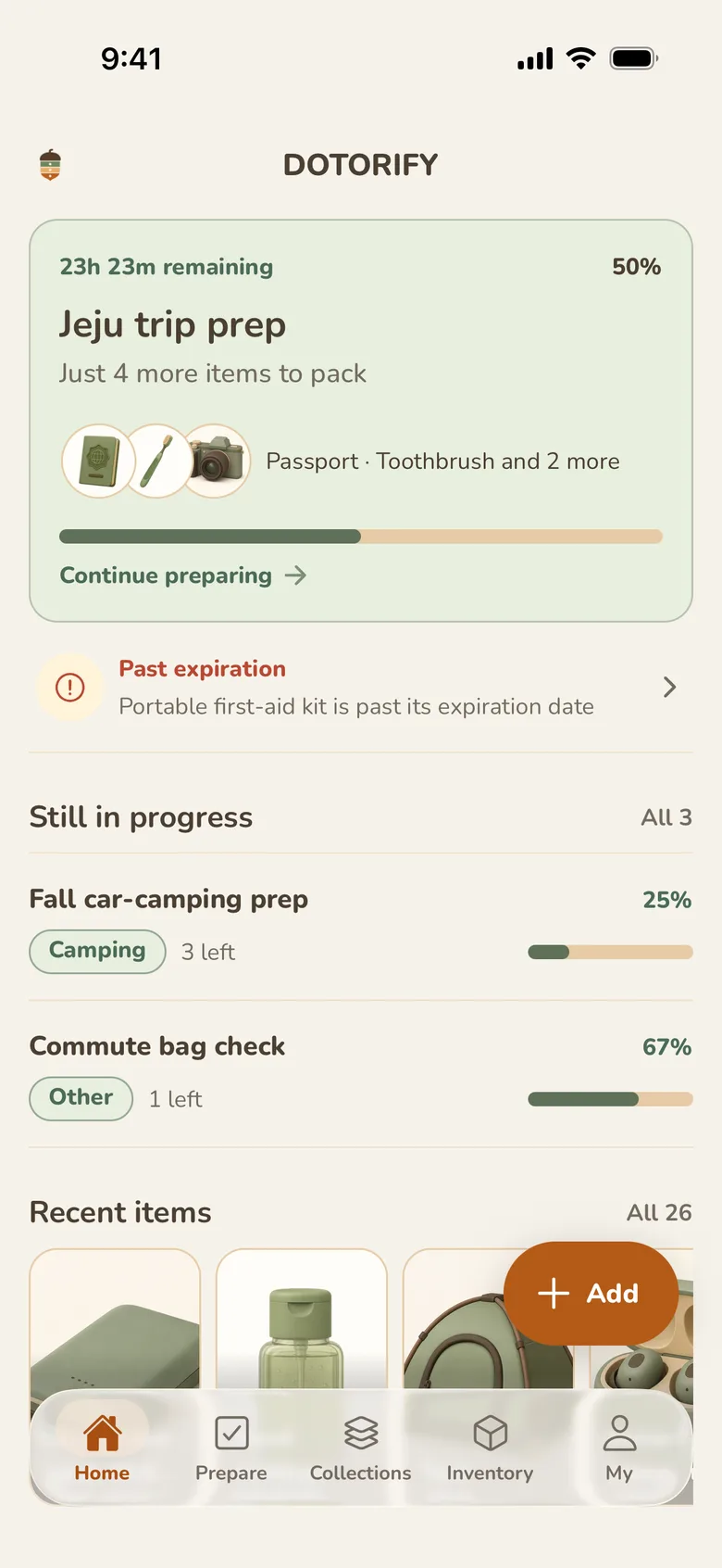 DOTORIFY home showing deadlines, progress, and recently added items