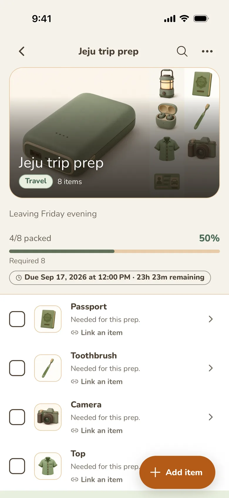 Prepare screen showing a deadline and progress