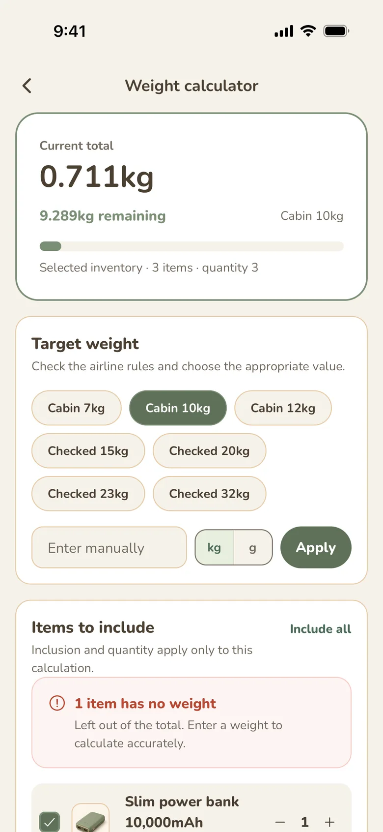 Weight calculator adding up Inventory, Collection, and Prepare items